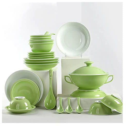 CLLBANT Juegos de vajilla Juego de Platos, Juego de vajilla de cerámica de 28 Piezas, Juego de Platos Chinos bajo vidriado, Juego de Platos y tazones de vajilla Verde
