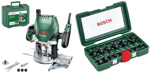 Bosch Home and Garden 060326C800 POF 1400 ACE - Fresatrice Verticale, 1400 W + Set da 15 Pezzi di frese in metallo duro, per legno, codolo da 1/4 pollice, accessorio per fresatrice verticale