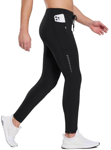 baleaf Thermal Running Tights for Men Fleece Lined Compression Leggings Winter Men’s Pants with Zipper Pockets Cycling Gear Cold Weather Black L