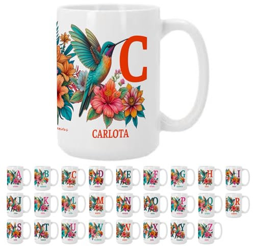 Taza Personalizada con Inicial y Nombre (A-Z) - Diseño de Colibrí para Niñas | Taza XL de Cerámica 450ml para Café, Té o Desayuno | Regalo Original (Letra-C)