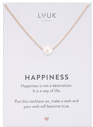 LUUK LIFESTYLE Halskette mit einzelner Perle aus Edelstahl, 50 cm verstellbar, wasserfest, Schmuckgeschenk für Sie mit HAPPINESS Spruchkarte, minimalistisches Design für Alltag, Business, Urlaub
