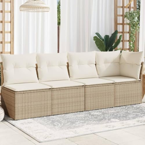IKAYAA Gartensofa 3 Sitzer Balkon Sofa Balkon Couch Lounge Sofa Balkon Lounge Klein Balkonmöbel Rattansofa Outdoor Sitzbank Gartenmöbel Set 4-Sitzer Beige und Creme