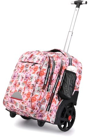 GUANGJUYUAN Rolling Backpack with Wheels for Adults, Waterproof Travel Wheeled Backpack on Wheels, Fit 17 Inch Laptop, Pink-Flower, 22 Inch, Work, Transportation, Tourism, School