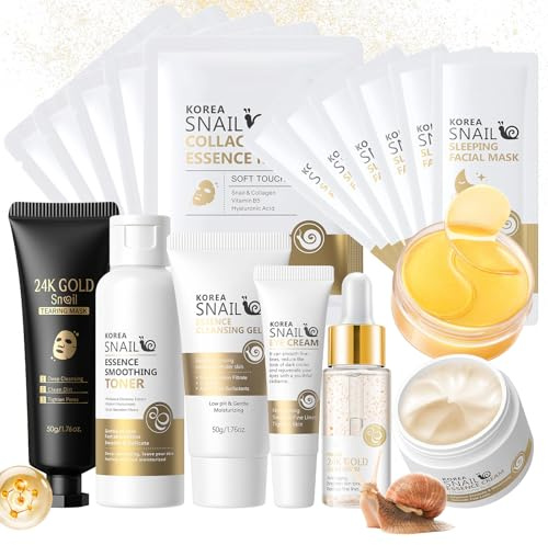Schnecken Gesichtspflege Set 18 Stück, Geschenkset Frauen mit Reinigungsmittel, Geschenkset FrauenGesichtswasser, Augencreme, Serum, Creme, Peel-off Maske, Gesichtsmaske, Schlafmaske und Augenpads