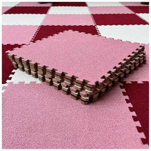 45-Pack Soft Plush Foam Interlocking Carpet Tiles - Non-Slip Washable Fuzzy Floor Mats with Borders for Cozy Home Décor(Wine Red+pink+white)