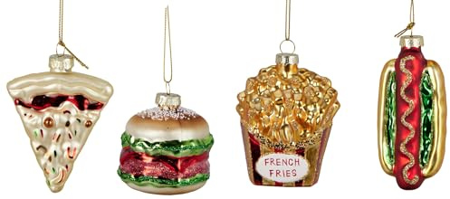 Baumschmuck Fast Food (4er Set) - Pommes, Hot Dog, Hamburger, Pizza - Baumdeko Essen, Hängedeko, Weihnachtsdeko, Christbaumkugel, Weihnachten