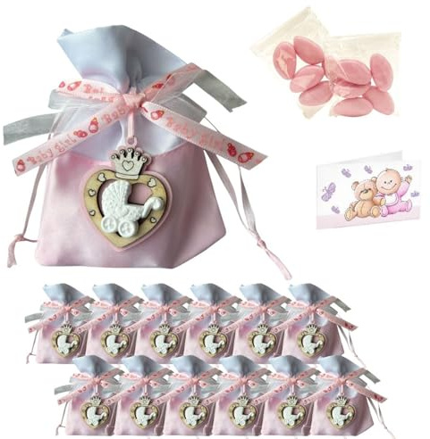 Doni Bomboniere Set für Geburt, Mädchen, 12 Säckchen für Konfekt, Rosa, Schleife, inklusive Holz, Kinderwagen, Beutel für Konfekt, personalisierbar, Set zum ersten Geburtstag, Taufe, Gadget