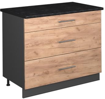 Vicco Küchenunterschrank Fame-Line, Goldkraft Eiche/Anthrazit, 100 cm | 3 Schubladen · AP Anthrazit inkl. · Höhenverstellbare Füße · Metallgriffe · Metall-Vollauszüge