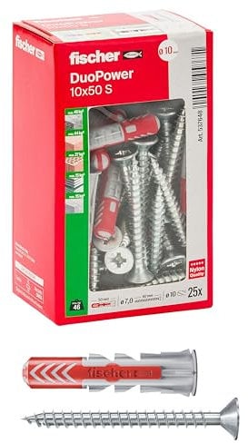 Fischer DuoPower - 25 tacos con tornillo, 10 x 50 mm, para pared completa, ladrillo perforado, cartón yeso, 537648