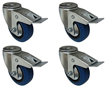 4 Stück 125 mm Blue Wheels Elastik Rad Rolle als Lenkrolle mit Totalstop Rückenlochbefestigung