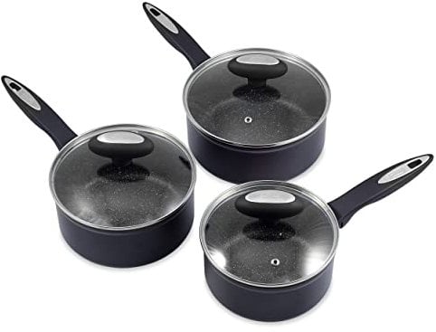 Zyliss E980143 Ultimate Non-Stick 3 Piece Saucepan Set with Lids, Multiple Sizes, Forged Aluminium, Black, Rockpearl Plus Non-Stick Technology, Suitable for All Hobs Including Induction