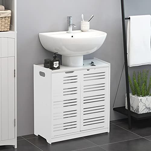Wakects Meuble sous lavabo de Salle de Bain avec Double Porte, Armoire sous Vasque Placard de Rangement de Sol etagère de Salle de Bain Meuble de Rangement Dessous lavabo MDF, Blanc, 60 x 30 x 60 cm