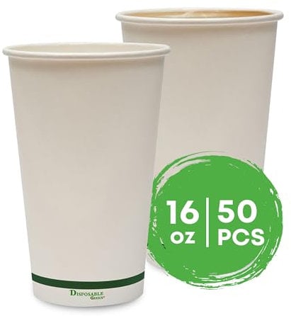 DISPOSABLE GREEN - NEXTGEN Single Wall Coffee Cups, Disposable Coffee Cups with Aqueous Lining, Takeaway Cups for Cold & Hot Drinks, Sturdy & Leak Proof Disposable Cup, 16 oz, 50 Pack