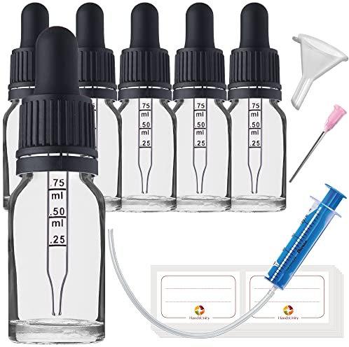 HandsUnity 10ml-6Stk Pipette Glasflasche - Klarglas-Apothekenglas-Set mit schwarzer Pipettenkappe enthält 17 Stück Hilfsmittel transparente Glasflaschen