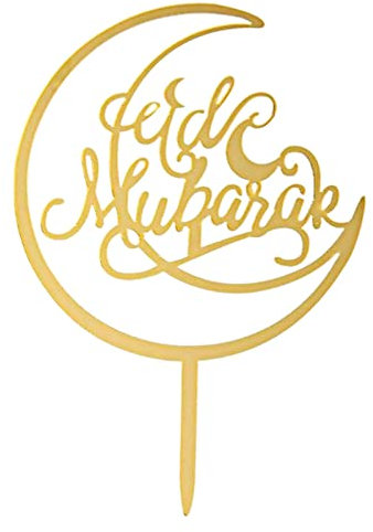 QRJ Gold Eid Mubarak Cake Toppers, Crescent Moon Star Eid Baking Decorations, 1Pcs x Gold, Acrylic, ca.6*8*1.18inchs, Perfect for Cakes, Pies, Ice Cream, Fruit Plates & Sweet Tables