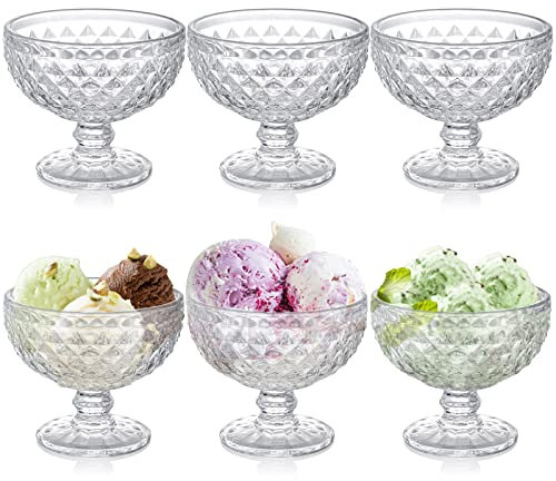 ZOOFOX Set of 6 Glass Dessert Bowls, 12 Oz Glass Ice Cream Sundae Cups with Vintage Diamond Pattern, Footed Dessert Bowl Set for Sundae, Ice Cream, Smoothie, Fruit, Salad, Yogurt, Trifle