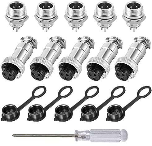 Aiqeer 5 Pezzi 3-Pin GX12 Connettore Aviazione, 12 mm Connettore Aviazione Metallo, 5A Connettore Aviazione Maschio Femmina, con Cappuccio in Gomma e Cacciavite a Croce