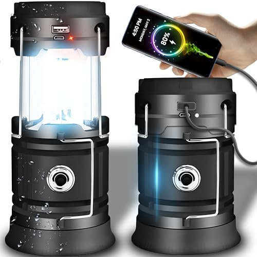 Retoo Lámpara Solar LED Portátil para Camping, Cargador Solar y Powerbank, 2 Modos de Iluminación, Batería Recargable, Resistente al Agua, Ideal para Senderismo y Camping