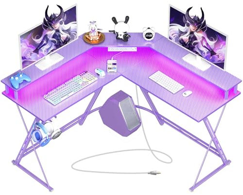 SEVEN WARRIOR Gaming Desk 50.4” with LED Light & Power Outlets, L-Shaped Gaming Desk Carbon Fiber Surface with Monitor Stand, Ergonomic Gamer Table with Headphone Hook, Purple