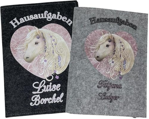 Hausaufgabenheft Hülle personalisiert mit Namen Datum schlicht A5 - Grundschule für Mädchen und Junge - Einschulungsgeschenke Heftumschlag - Geschenkideen Einschulung - Pferd