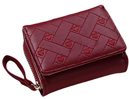 Kleine Geldbörse für Damen Gesticktem Herz Portemonnaie Dreifach Kartenhalter Mädchen Brieftasche Rot