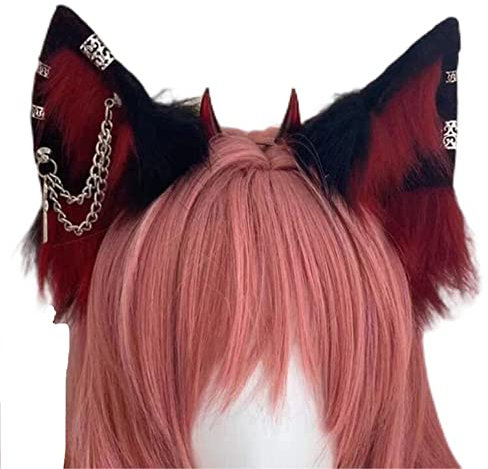 VIGVAN Handgemachte Wolf Fuchs Ohren Cosplay Kopf Zubehör Kawaii Haarband (Kette Schwarz Rot)