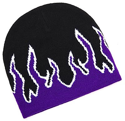Purple Flame Beanie Fire Knit Skimütze Slouchy Rock Punk Skull Cap, Lila, Größe M - L, Purpur, Medium-Large