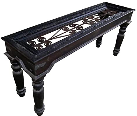 Handmade Eclectic Metal Grill & Solid Wood Console Sofa Table | Vintage Narrow Sofa Table | Rustic Entryway Table Home Decor | Handcarved Mid Century Modern Pedestal