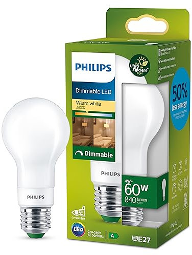 Philips Ultra Efficient - Ultra Energy Saving Lights, LED Light Source, 60W, E27, A60, Frosted Glass, Warm White Light, 2700 Kelvin, dimmable