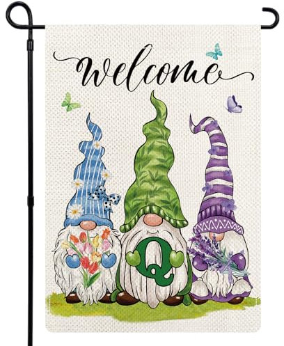YOVOYOA Frühlingswichtel Blume Monogramm Buchstabe Q Gartenflagge, Hallo Frühling Zwerg Floral Initiale Buchstabe Flagge, Familie Nachname Initiale Frühling Willkommensflagge für Hof, Veranda,