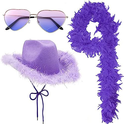 Fulenyi Sombrero De Vaquera De ala Ancha, con Gafas De Corazón Y Boa De Plumas, Sombrero De Vaqu-ero Rosa, Sombreros De Vaquera Occidental, Accesorios De Disfraz De Vaq-uero De Fieltro