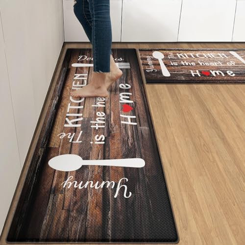 Arttown Brown Farmhouse Anti-Fatigue Kitchen Rug Set of 2 Knife Fork Home Wooden Vintage Cushioned Kitchen Floor Standing Mat Waterproof Non-Slip Kitchen Mat and Rugs PVC Ergonomic Comfort Foam Rug