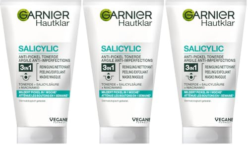 Garnier Hautklar 3 in 1 Gesichtsreinigung für unreine Haut, Reinigung, Peeling und Maske, Mit Salizylsäure und Tonerde, 1 x 150 ml (Packung mit 3)