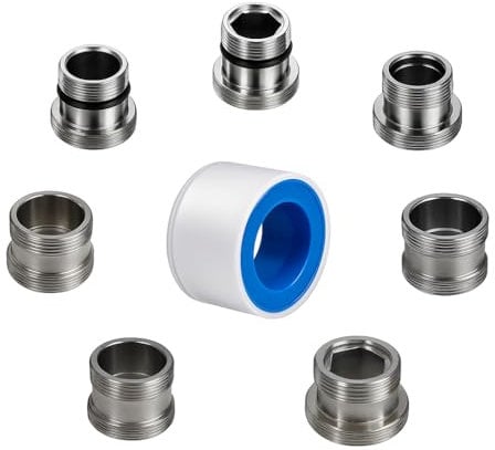 XNTONG 7-teiliges Wasserhahn Adapter Set – Wasserhahnadapter M16, M16.5, M18.5, M20, M22, M24, M28 zur Umrüstung auf M22 Außengewinde, Wasserhahn Aufsatz mit Dichtungen und PTFE-Band