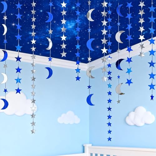 ?ZenyTra 4x4M Blau Silber Reflektor Girlande Sterne & Mond | 16M Länge mit Lichtreflex-Effekt | Für Winterparty, Silvester, Eisprinzessin Deko | Innen- und Außenbereich