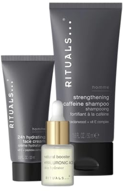 Rituals HOMME Skin Care Set, Daily Routine, Shampoo mit Koffein, Hyaluronsäure-Booster, Feuchtigkeitscreme mit Vitamin C, 3-teilig