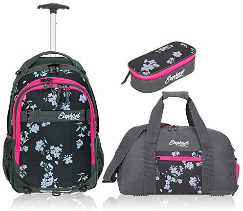3 Teile Set Trolley Elephant Hero Signature Schultrolley Schulranzen Trolly Sporttasche Mäppchen 12800 (Grey Flower (Grau/Pink Zip))