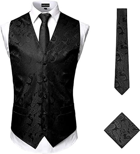 PARKLEES Klassische Herren-Weste, 3-teilig, Paisleymuster, Krawatte, Einstecktuch, Set, Hochzeit, Abschlussball, Party, Weste für Anzug oder Smoking, Schwarz , XL