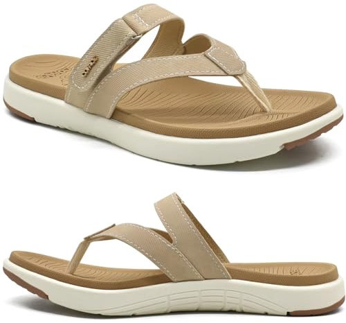 COFACE Chanclas Mujer Moda Ortopedicas Comodas Cuero Tela Elegantes Sandalias de Dedo Señora Piel Verano Playa Piscina Flip Flop Ligera Abierta Chancletas Pala Antideslizante Goma Suela Beis 37
