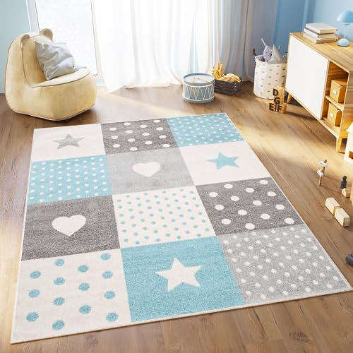 TAPISO Lazur Teppich Kinderteppich Kurzflor Sterne Punkte Herz Patchwork Grau Creme Blau Jugendzimmer Kinderzimmer Modern Design ÖKOTEX 160 x 220 cm
