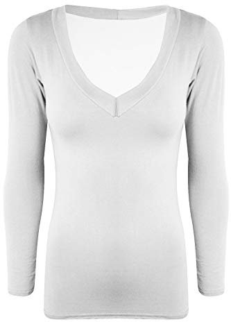 Fashion Star Womens Ladies Jersey Plain V Neck Long Sleeve Stretchy Summer T Shirt Tees Top White M/L (UK 12/14)