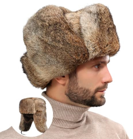 Pyrafox Herren Wintermütze Fliegermütze mit Ohrenklappen - Russen Fellmütze, Trappermütze für Männer, Russische Trapper Pelzmütze Haube Warme Unisex Damen Uschanka Schapka Russenmütze - M L Braun