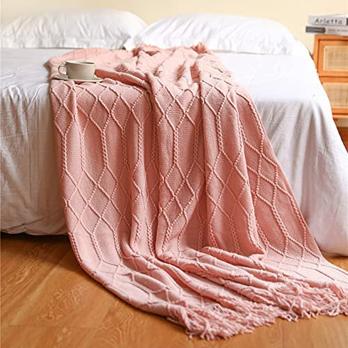 FIKROO Gestrickte Decke Einfarbige Decke mit Waffelprägung Nordische dekorative Decken für Schlafsofa-Überwurf Grobstrick-Überwurf Plaids-Pink,130x230cm