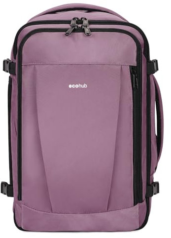 ECOHUB Ryanair Cabin Bag 40x20x25 Underseat Travel Bag 9 Pockets Hand Luggage Backpack Recycled PET Eco Friendly Rucksack for Women & Men Carry on Bag with USB Port, 20L, Pink