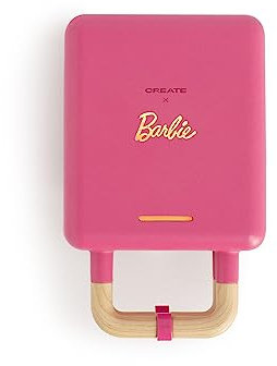 CREATE/STONE STUDIO/Sandwichera-Grill y gofrera individual rosa Barbie / 2 placas intercambiables: Sandwich y Gofre, antiadherente, 1 rebanada, apertura 100º, autoapagado, asa tacto frío, 600W