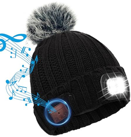 TAGVO Bluetooth Beanie Hat with LED Headlight, USB Rechargeable LED Beanie Cap with Headphones Built-in Stereo Speakers & Mic, Lighted Cap for Camping Running Skiing Hiking Cycling, Women Tech Gifts