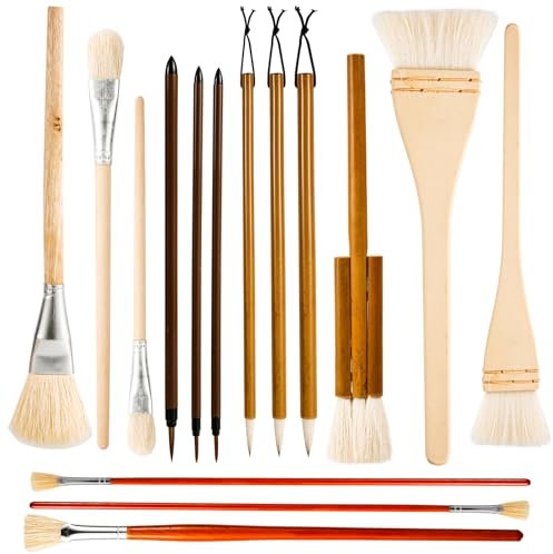 PEUTIER 15pcs Pottery Glaze Brushes, Wood Long Handle Artist Fan Paint Ceramic Brushes Set Art Painting Tools for Acrylic Watercolor Pottery Oil Painting Students Kids Adults