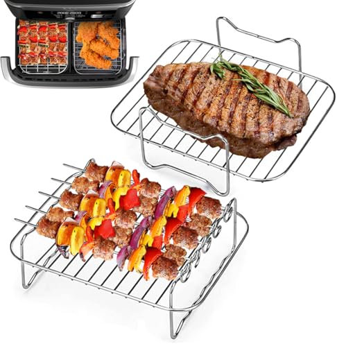 304 Stainless Steel Air Fryer Rack Compatible with Ninja AF500UK AF500UKCP, Dual Air Fryer MegaZone Foodi Flex Drawer 10.4L, with 5 Skewers for Air Fryer, 2 Pack, 7.8x6.3x2.5 inch
