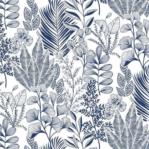 Fiula Blätter Selbstklebende Tapete 41CMx3M Klebefolie Möbel Tropical Tapeten Blau und Weiß Klebetapete Möbelfolie Wandtapete Vinyl Wasserdicht DIY Wandbelag für Wohnzimmer Schlafzimmer Wallpaper