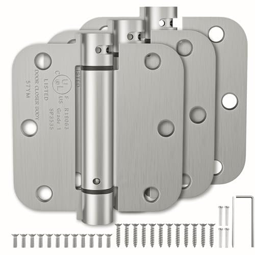 3 Pack Self Closing Door Hinges, 3.5 Inch Spring Loaded Hinges with 5/8'' Radius Corners, Adjustable Tension for Garage, Front Door, Back Door, for Left and Right Hand Door, UL Listed, Brushed Nickel
